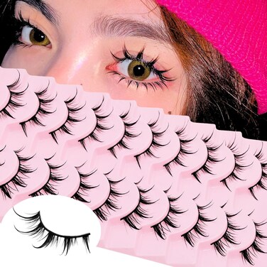 10 Pairs Manga lashes C Curl Mink Wispy Spiky 3D Volume Cosplay Japanese Style Anime Makeup Waterpoof Look Like Individual Lash Cluters Extension Natural Look Stirps Eye Lashes (11)