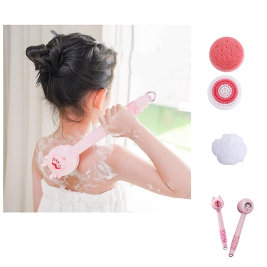 Electric Shower Back Scrubber with Long Handle for Children,Automatic Shower Body Scrubber with 3 Replacement Brush Heads for Efficient Cleaning,Rechargeable&amp;Waterproof Shower Brush for Body,All Pink