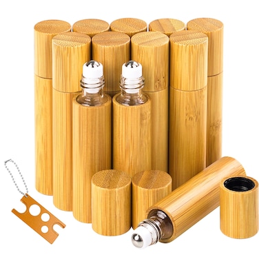 AUHOKY 12Pcs 10ml Bamboo Roll on Bottles for Essential Oils, Portable Massage Oil Bottle with Stainless Steel Roller Ball, Reusable Travel Perfumes Sample Lip Gloss Container (1 Opener)