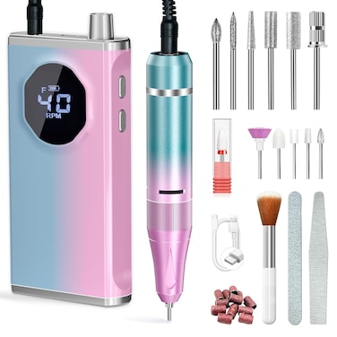 Nail Drill Professional 40000RPM for Acrylic Nails, Nail Drill Portable Electric Nail Drill for Nail Manicure, Nail Drill Rechargeable High Capacity for Salon and Home Use (Pink-Blue)