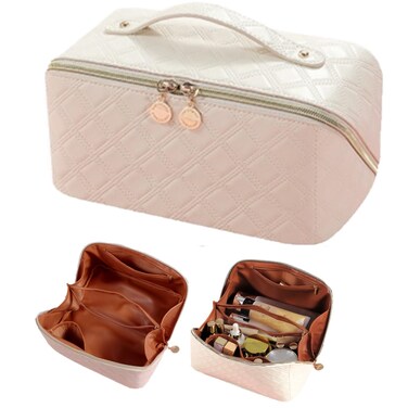 Large Capacity Travel Cosmetic Bag - Pu Leather Waterproof Travel Makeup Bag, Portable Makeup Organizer Bag, Makeup Bag Travel Cosmetic Bag with Divider and Handle (Apricot White)