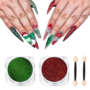 AUOCATTAIL 𝐑𝐞𝐝 𝐆𝐫𝐞𝐞𝐧 Shiny Nail Powder Chrome Glitter Pigment Dust Iridescent Nail Thin Particle Magic Mirror Long Lasting Dip Powder for Christmas Nail Art Decoration