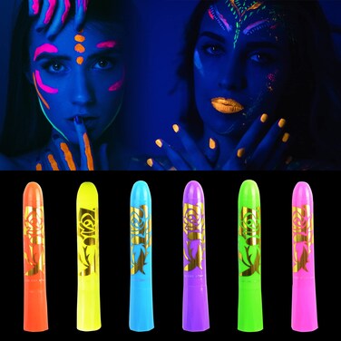 6 Pcs Glow in The Light Body Face Paint, Face Painting Kit, UV Crayon Kit Fluorescent Body Paints for Adults for Birthday Party Halloween Masquerade Makeup Outdoor for Kids
