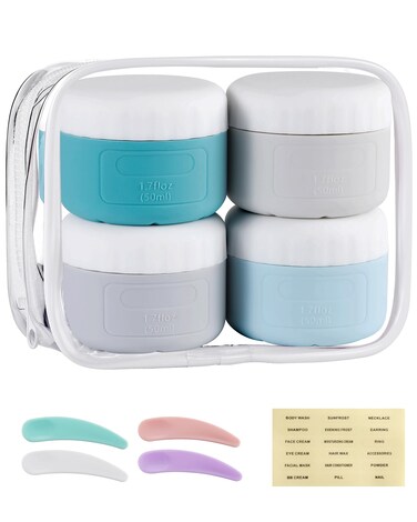 Aveniee Travel Containers for Travel Size Toiletries, TSA Approved Travel Bottles, Silicone travel Jars for Cream with Clear Bag, Leak-proof Cosmetic Containers Travel Accessories (4 Pack)