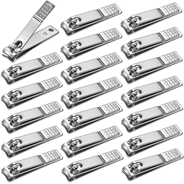20-Pack Fingernail Nail Clippers Bulk Individually Wrapped, Non Slip Curved Edge Toe Nail Toenail Clippers Sharp, Flat Nail Clippers for Thick Nails Women Men Seniors Homeless Care(Silver)