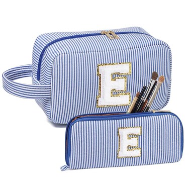 2Pcs Makeup Bag, Cute Cosmetic Bag, Personalized Initial Preppy Large Capacity Travel Makeup Bag Organizer, Makeup Bag is for Mother, Wife, Friends Birthday, Valentine's Day Gifts-Blue