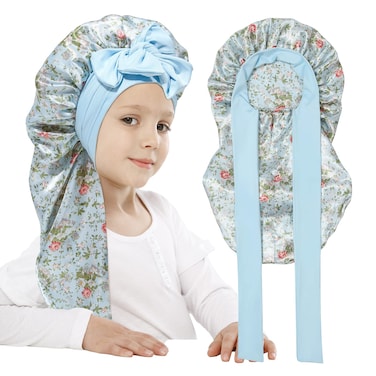 AWAYTR Long Toddler Silk Bonnet for Sleeping Elastic Satin Bonnets for Curly Hair Braid Night Cap for Aged 3-12 Kids (Floral+Blue)