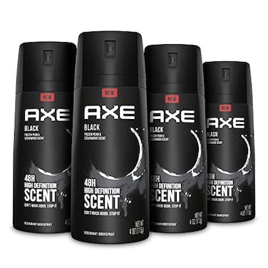 AXE Black Mens Body Spray Deodorant 48hr Odor Protection Frozen Pear &amp; Cedarwood Aluminum Free Deodorant Body Spray, 4 Ounce (Pack of 4)