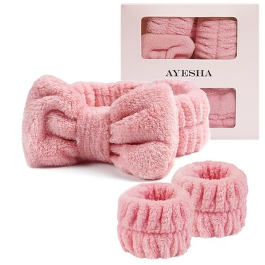 Ayesha Spa Headband and Wristband Set for Skincare Washing Face,Makeup Headband Wrist Cuffs for Preppy Skincare Women Girl (Pink set)