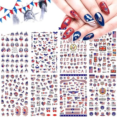8sheets 4th of July Nail Art Stickers 3D Self-Adhesive American Flag Patriotic Independence Day Nail Decals USA Flags Butterfly Heart Star Nail Design I Love America for Memorial Day DIY Manicure