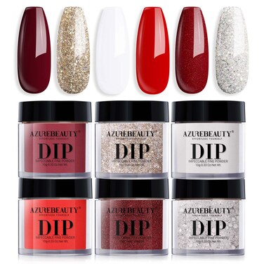 AZUREBEAUTY Dip Powder Nail Set, Red Burgundy Rose Berry Sparkle Milky Snow White Silver Glitter, 6 Colors Dipping Powder Starter Kit French Nail Art Manicure DIY Salon, No Need Nail Lamp Cured