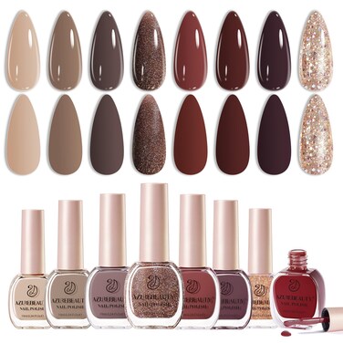 AZUREBEAUTY Vegan Nail Polish Set 8 Colors, Brown Shades Champagne Glitter Quick Dry Natural Nail Lacquer Strengthening Treatment Kit DIY Salon
