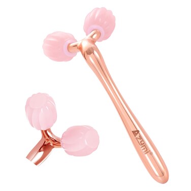 3D Jade Roller, Azymi Natural Rose Quartz Face Roller Guasha Tool for Facial Jawline Scraping/Skin Firming &amp; Reduce Wrinkle&amp; Puffy Eyes/Relieve Body Tension