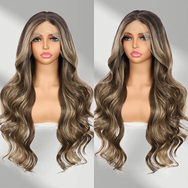 Brown mix Blonde Lace Front Wig for Women 13x4 Body Wave Synthetic Wigs Highlight Pre-plucked Long Wavy Wig 150% Density Heat Resistant Hair Replacement Wigs 26 Inch