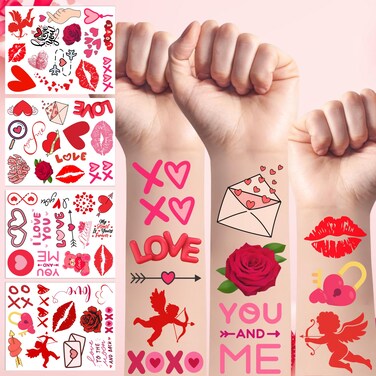 50Pcs Valentine Temporary Tattoos For Couple Gift Idea Decorations Valentine Party Favors Decorative Suitable For Kids Teens Youth Adult Flowers Rose Heart Lips Tattoos
