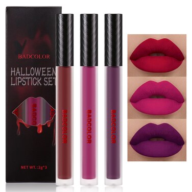 3 Colors Matte Liquid Lipstick Set, Purple Burgundy Rose Red Halloween Makeup, High Impact Long Lasting Lip Stain Velvet Nonstick Cup Smudge Proof &amp; Waterproof Lip Gloss Set