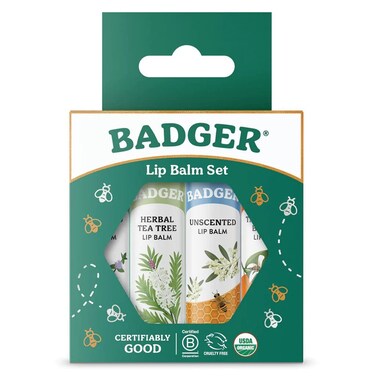 Badger Classic Organic Lip Balm Set - Green Box, Long Lasting Lip Moisturizer Gift Set, Light Silky Texture, All Natural Lip Balm Variety Pack Lip Set (Unscented, Tea Tree, Mint &amp; Tangerine), 4 pack