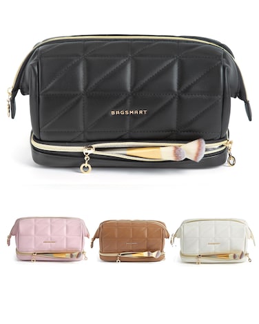 BAGSMART Travel Makeup Bag, PU Leather Waterproof Cosmetic Bags Makeup Bags for Women, Large Capacity Make up Bag, Wide-open Makeup Pouch for Travel Essentials, Bottles, Brushes (Black)