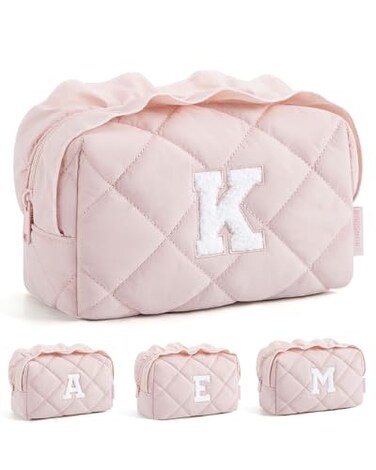 BAGSMART Small Makeup Bag, Travel Personalized Initial Cosmetic Bags for Women, Pink Makeup Pouch, Make up Organizer Case, Puffy Pouch Purse, Travel Essentials, Toiletries Accessories Brushes(K, Pink)