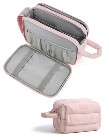 BAGSMART Travel Toiletry Bag for Women, Puffy Cosmetic Makeup Bag Organizer, Large Wide-open Travel Bag for Toiletries, Dopp Kit Water-resistant Shaving Bag for Accessories-Pink