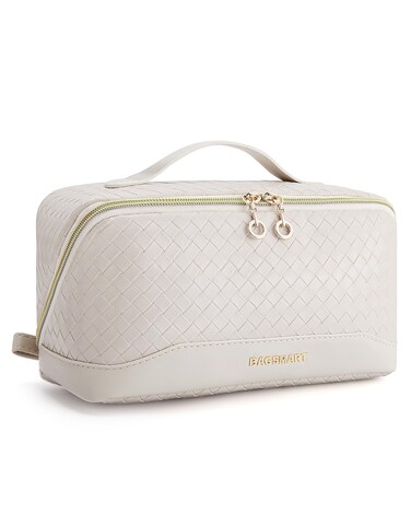 BAGSMART Makeup Bag Cosmetic Bag, Travel Makeup Bag, PU leather Makeup Bags for Women Portable Water-resistent Pouch Open Flat Make Up Organizer Bag for Toiletries, Brushes Leather Beige