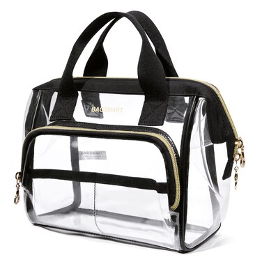 BAGSMART Large Makeup Bag, Clear Cosmetic Bag Wide-open Travel Makeup Bags Purse with Carry Handle,Make Up Organizer Case for Women Cute CosmeticsPouch Toiletries Accessories Brushes Black