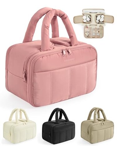 BAGSMART Travel Toiletry Bag, Puffy Large Toiletry Bag for Women, Lightweight Cosmetic Makeup Bag Organizer with Handle for Traveling, Accessories, Essentials, Toiletries （Dark Pink