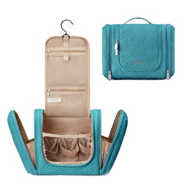 BAGSMART Travel Toiletry Bag for Women, Hanging Toiletry Bag with Hook, Travel Cosmetic Makeup Bag Travel Organizer for Accessories, Shampoo, Full Sized Container, Toiletries,Blue-Medium