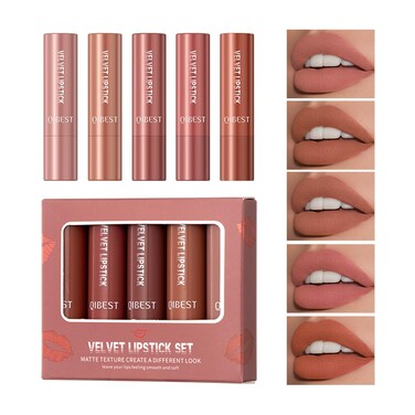 5Pcs Velvet Matte Nude Lipstick Set - Long-lasting Color, Silky Matte Finish, Soft Mousse Texture, Enhances Color and Plumps Lips, Lightweight and Non-Sticky (Set B, 5 Count (Pack of 1))