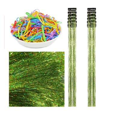Hair Tinsel Clip in Grass Green 22 Inch Tinsel Hair Extensions with Clips 12 Pcs Colorful Glitter Tinsel Hair Heat Resistant Sparkling Fairy Hair Accessories for Women Kids Girls