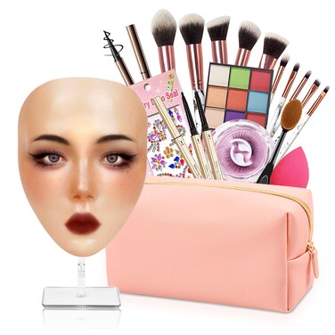 Silicone Makeup Practice Board - Full Face Mannequin with Makeup Kit, Face Gems, Brushes - Perfect for Beginners &amp; Professionals