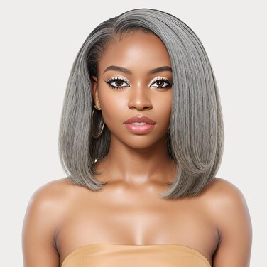 12" Glueless Salt And Pepper Human Hair Wigs Staight Grey Bob Wig Human Hair 5x5 Closure Grey HD Lace Front Human Hair Wigs Pre Cut Pre Plucked Hairline Gray Short Bob Wigs for Black Women