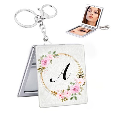 BAOSIWA Birthday Gifts for 5 6 7 8 9 10 11 12 13 Year Old Girl, Personalized Compact Mirror Initial Small Travel Makeup Mirror with Keychain Preppy Trendy Stuff Gifts for Women Teen Girls (A)