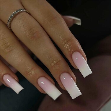 Press on Nails Medium Long Square Ombre Nude Pink White Fake Glue on Nails with Simple Design for Women Girls Full Cover Artificial Acrylic False Stick on Nail for Daily Wear Wedding 24Pcs