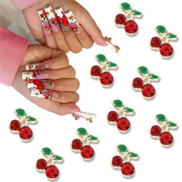3D Alloy Cherry Nail Charm, Exquisite Cute Red Nail Charms Rhinestones for Acrylic Nails Art Decor Jewelry Making Crafts DIY Manicure Women 10pcs