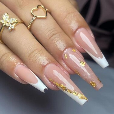 Long Press on Nails Coffin French White Fake Nails with Gold Glitter Design Gel Glue on Nails for Women Girls Full Cover Acrylic False Stick on Nail Manicure for Wedding Birthday 24Pcs