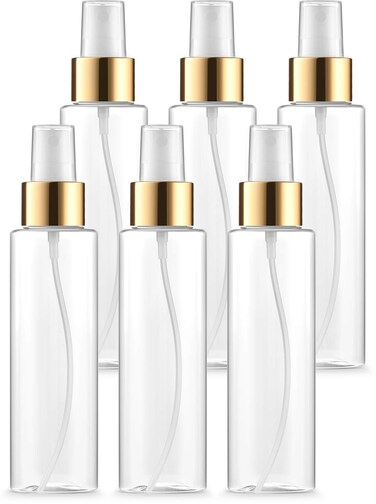 Bar5F Fine Mist Spray Bottle 4-Ounce Crystal-Clear and Firm BPA-Free Gold Misting Cap 6-Pack