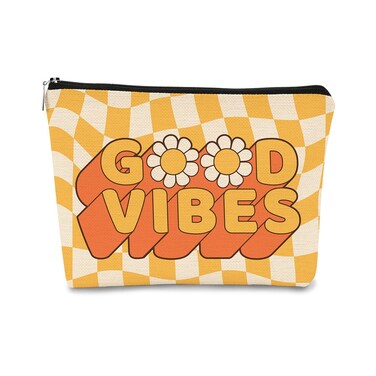 Good Vibes Checkered Groovy Preppy Hippie Yellow White Daisy Inspirational Cosmetic Bag Makeup Bag, Best Gift for Teen Girls Sister Girlfriend,Daughter Gift from Mom,Birthday Valentine's Day Gift