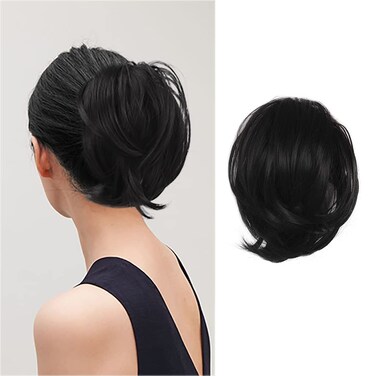 BARSDAR Black Hair Bun Ponytail Extensions - Synthetic Straight Hair Bun Hairpieces for Women, Fully Short Ponytail Bun Extensions Elastic Hair Bun Scrunchies Hairpieces Daily - Jet Black