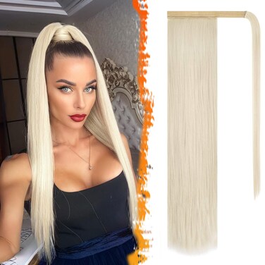 BARSDAR Straight Ponytail Extension - 26 Inch Long Straight Wrap Around Ponytail for Women Clip in Ponytail Hair Extensions Synthetic Blonde Hair Pony Tails Hairpieces Daily - Ivory White