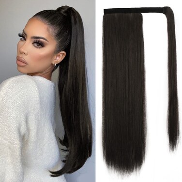 BARSDAR Straight Ponytail Extension - 20 Inch Long Straight Wrap Around Ponytail for Women Clip in Ponytail Hair Extensions Synthetic Brown Hair Pony Tails Hairpieces Daily - Dark Brown