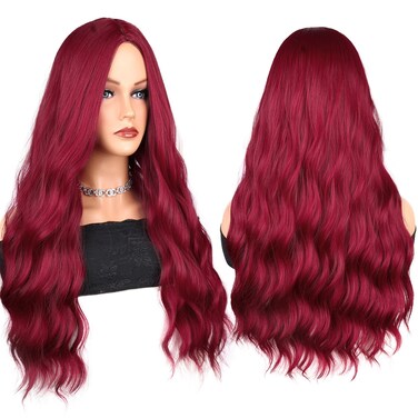 BATISI Burgundy Wig Wavy Middle Part 26 Inch Long Synthetic Hair Wigs for Women, Cosplay Costume Hair Replacement Wig for Party, Heat Resistant