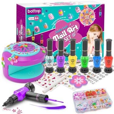 BATTOP Kids Nail Polish Set for Girls, Nail Art Kit for Girls with Nail Dryer &amp; 2 in 1 Water Based Nail Polish &amp; 3D Decoration &amp; Sticker and Nail Flier - Idea Birthday Gifts for Girls 7 8 9 10 11 12