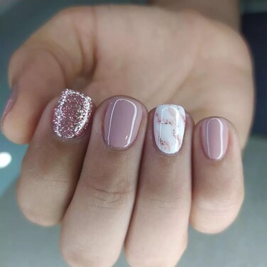 Extra Short Press on Nails Square Fake Nails Press ons Glitter with Marbling Design Acrylic False Nails White Artificial Glossy Glue on Nails Lilac Full Cover Stick on Nails for Women Manicure 24 Pcs