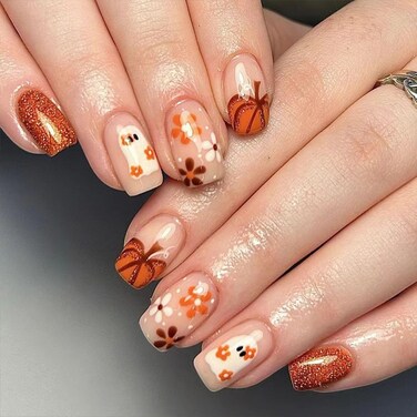 Halloween Press on Nails Medium Square Fake Nails Cute Glitter Pumpkin Ghost Face Glossy Nails Press ons Yellow Reusable Acrylic Nails Full Cover Stick on Nails for Women Girls 24 Pcs