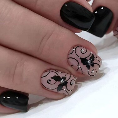 Black Short Press On Nails Square Fake Nails with Black Vines and Dark Butterfly Designs Black Full Cover Silver Glitter &amp; Lines Acrylic Nails Stick Glue On Nails for Women Girls 24 Pcs