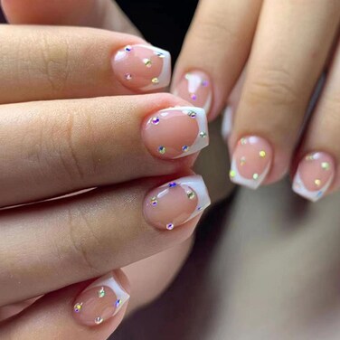 Press on Nails Short Coffin White French Tip Fake Nails Nude Pink Full Cover Acrylic Nails Press ons Rhinestones False Nails Stick Glue on Nails Artificial Nails for Women Girls 24 Pcs