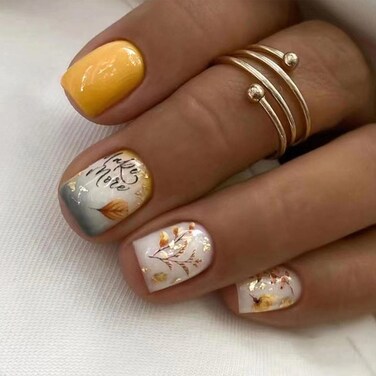 Fall Fake Nails Short Press on Nails Square Yellow Leaves Full Cover Design Glue on Nails Autumn Maple Leaf Acrylic Nails Thanksgiving Nails Winter False Nails for Women Girl 24 Pcs