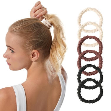 6 Pcs Satin Silk Scrunchies for Women, Silk Hair Ties with Excellent Stretch, Silk Scrunchies Skinny Scrunchies No Damage, Silk Scrunchies for Hair for Various Occasions (Beige, Coffee, Black)