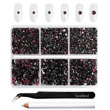 Beadsland 4300pcs Flatback Burgundy Nail Gems Round Crystal Rhinestones for Crafts, Mixed 6 Sizes with Picking Tweezers and Wax Pencil Kit, SS6-SS20, Amethyst